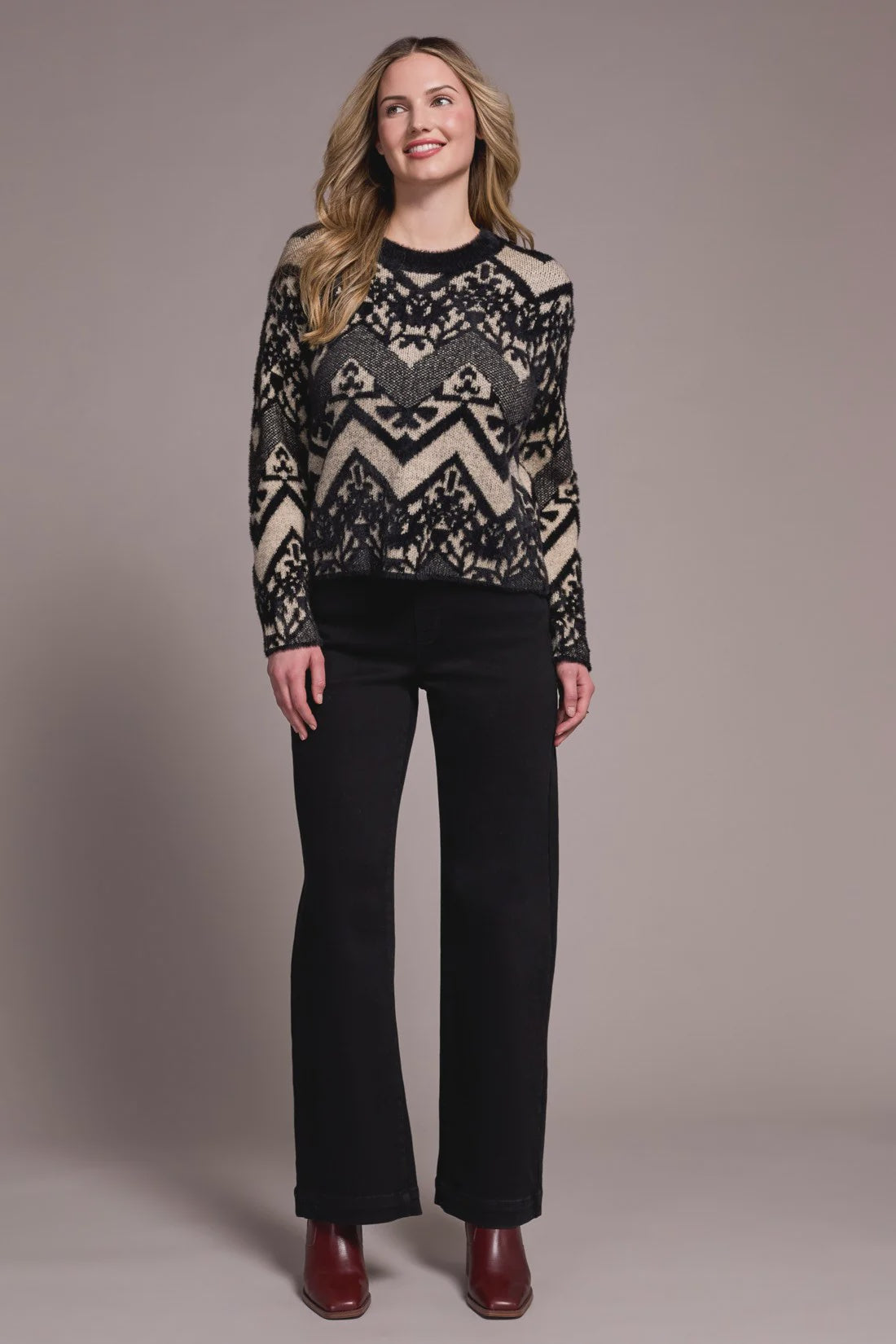 Tribal Double-Knit Eyelash Yarn Crew Neck Sweater