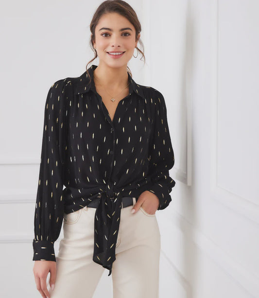 Karen Kane Black and Gold Tie Front Blouse