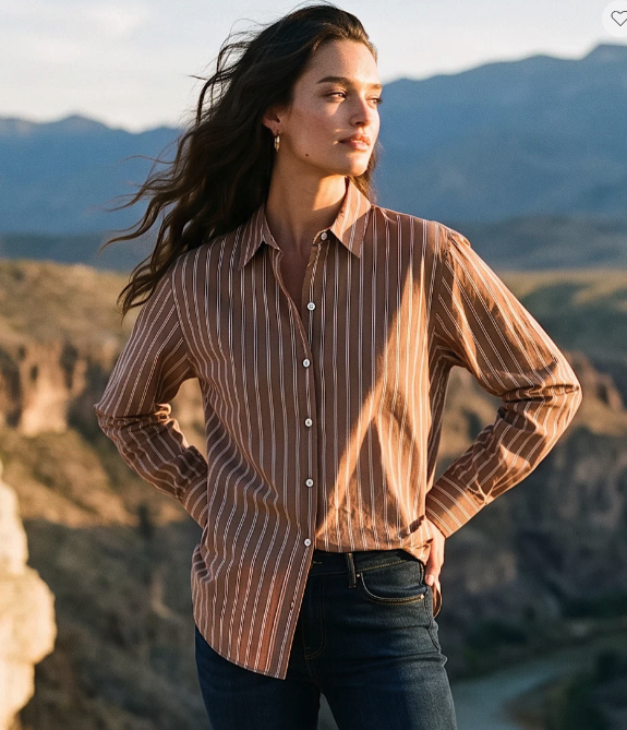 Karen Kane Stripe Long Sleeve Single Pocket Button-Up Shirt