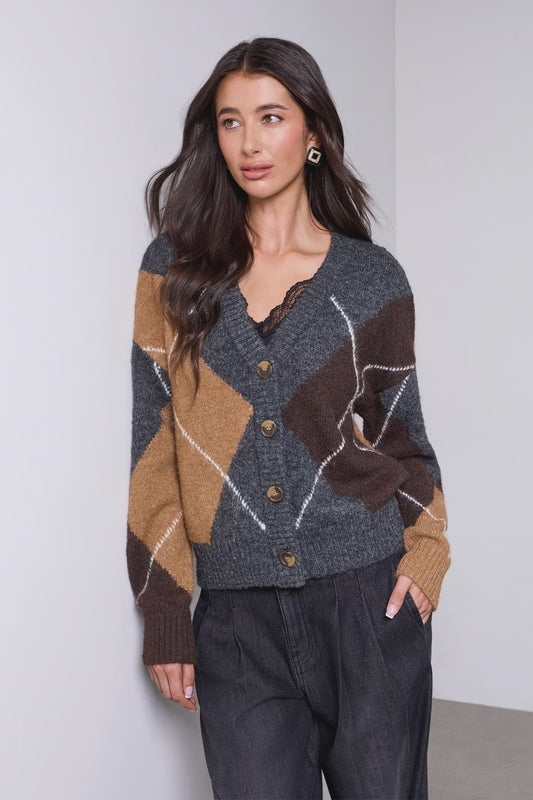 Tribal BLUE THREAD Diamond Pattern Button Front Knit Cardigan